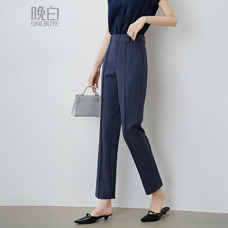 晚白【新品】2026春款经典高腰早8神裤挺括利落正式场合通勤烟管裤女 蓝灰色 26