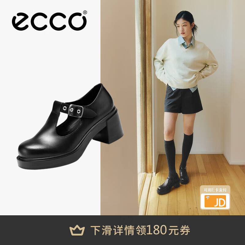 爱步（ECCO）单鞋 轻奢牛皮扣带增高粗跟高跟鞋乐福鞋女 都市首尔223543 黑色22354301001 37