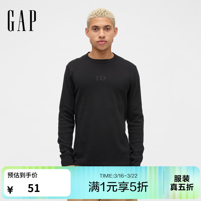 盖璞（GAP）男女装春款LOGO华夫格长袖T恤休闲常规上衣美版795644 黑色 S 美码 M亚洲码175/92A