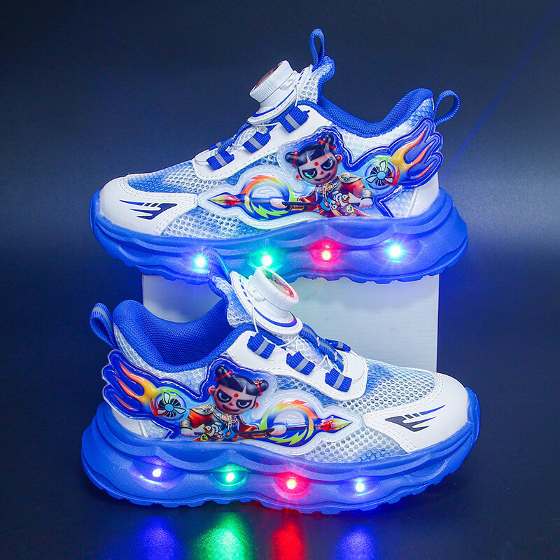 LEOSOXS儿童鞋男童鞋奥特曼中大童3-6亮灯软底网面鞋8岁透气运动跑步鞋 春夏网鞋 宝蓝 34