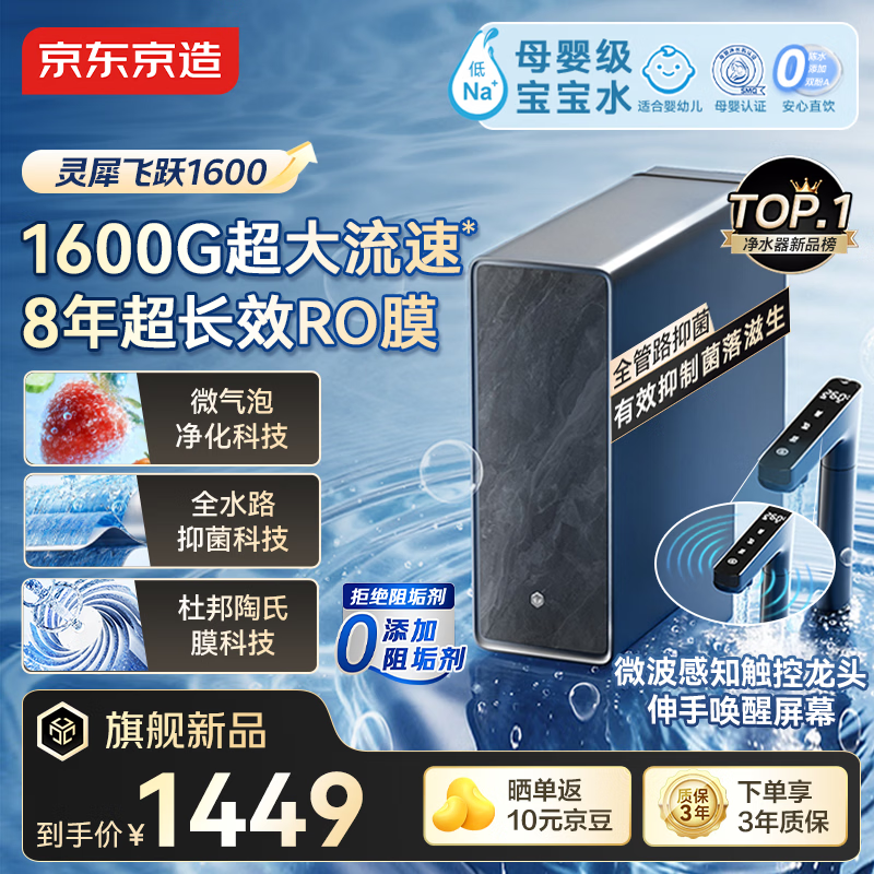 京东京造净水器飞跃1600 8年杜邦陶氏RO 家用0阻垢剂 母婴反渗透直饮净水机灵犀1400G通量初始4.25L/min