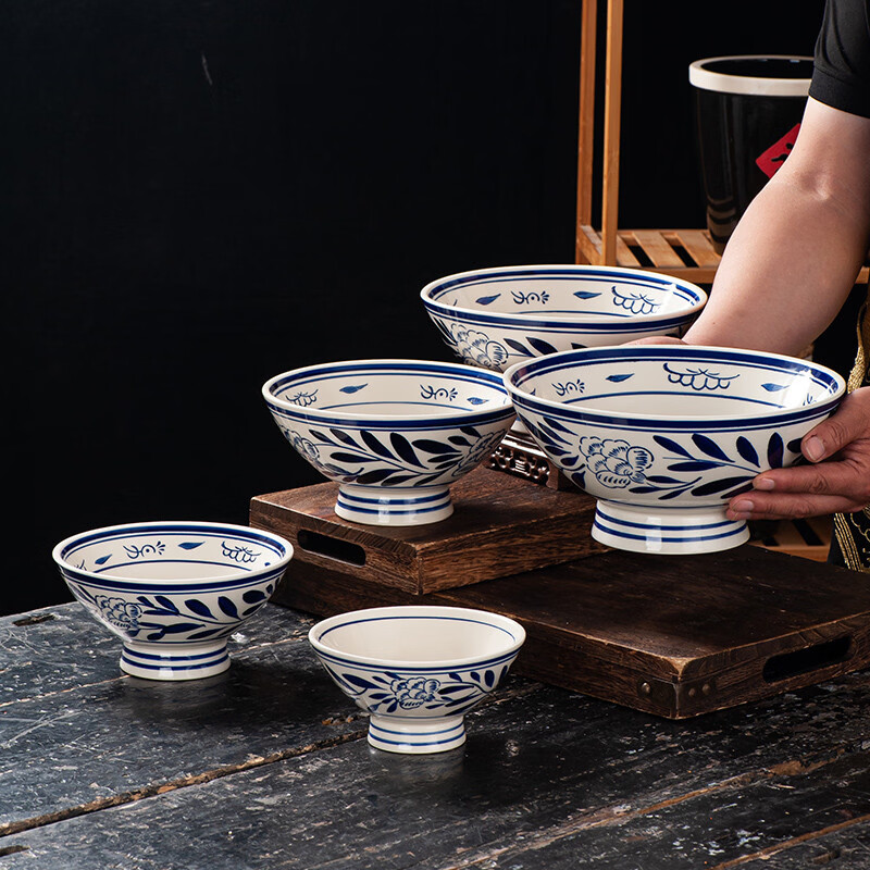 溥畔大号拉面碗复古手绘陕西老关中陶瓷大碗油泼面碗商用高脚碗汤面碗 手绘青花+10英寸秦海碗