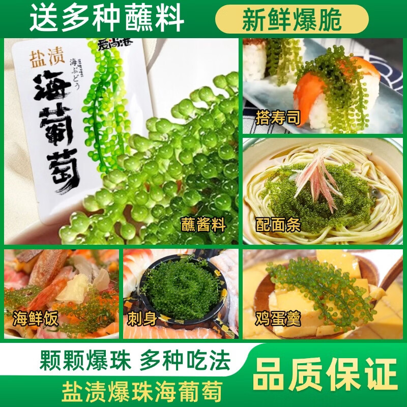 爱尚港【正宗海葡萄白袋装】爆珠盐渍儿童零食海藻海菜网红声控脆爽解压 海葡萄【送蘸料】固形物≥20％ 【凉拌菜】盐渍海葡萄100g*5【送6种口味蘸料】