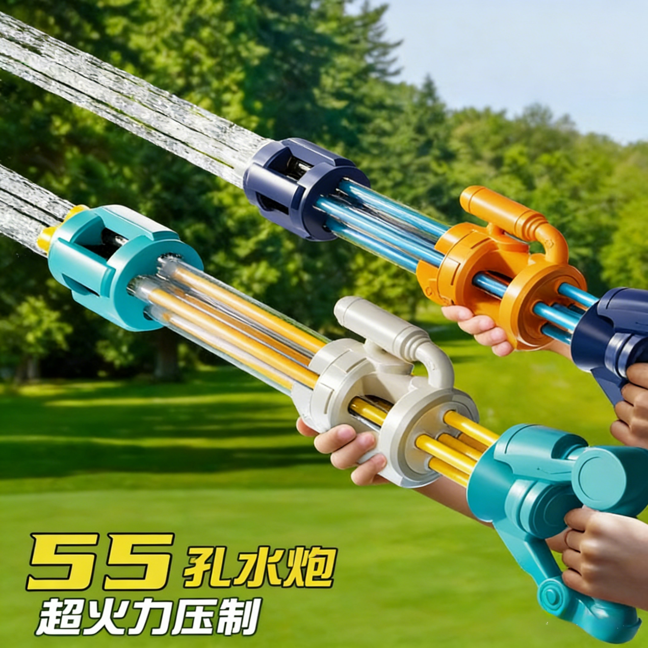 糖米 TEMI水枪儿童玩具抽拉式喷水高压强力射程远漂流呲滋加特林打水仗专用 53CM五管加特林55孔-A【单只装】