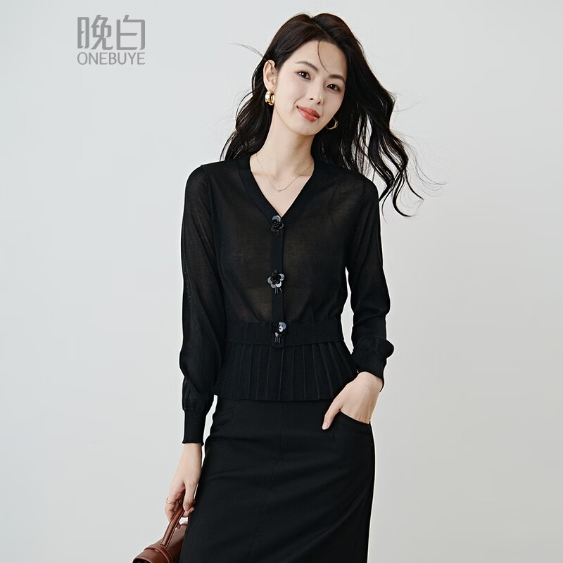 晚白2026春款设计感珠花扣装饰V领上衣小众百褶遮肉下摆莱赛尔针织衫 黑色 L