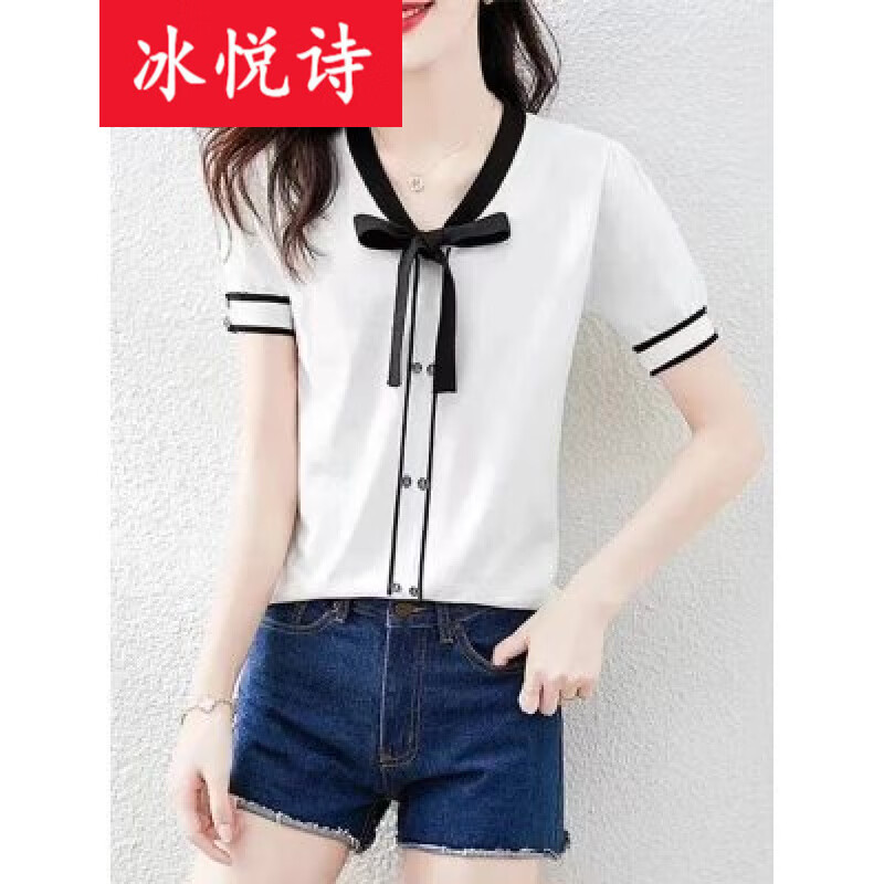 冰悦诗（BINGYUESHI）2025夏装新款女士短袖T恤时尚薄款针织衫洋气黑色显瘦蝴蝶结上衣 白色 均码 建议85-135斤