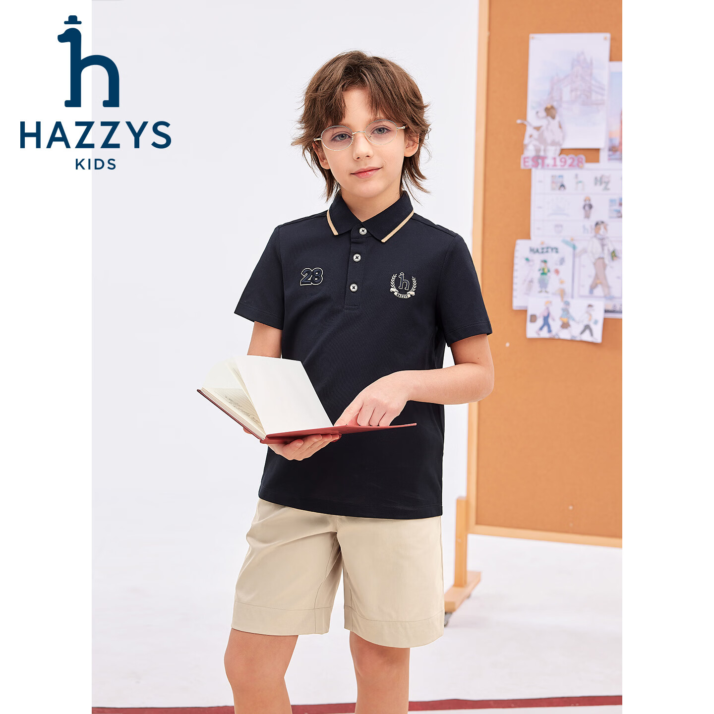 哈吉斯(HAZZYS)童装男童套装2026夏季新款中大童透气舒适短袖POLO衫宽松运动短裤 藏蓝 160