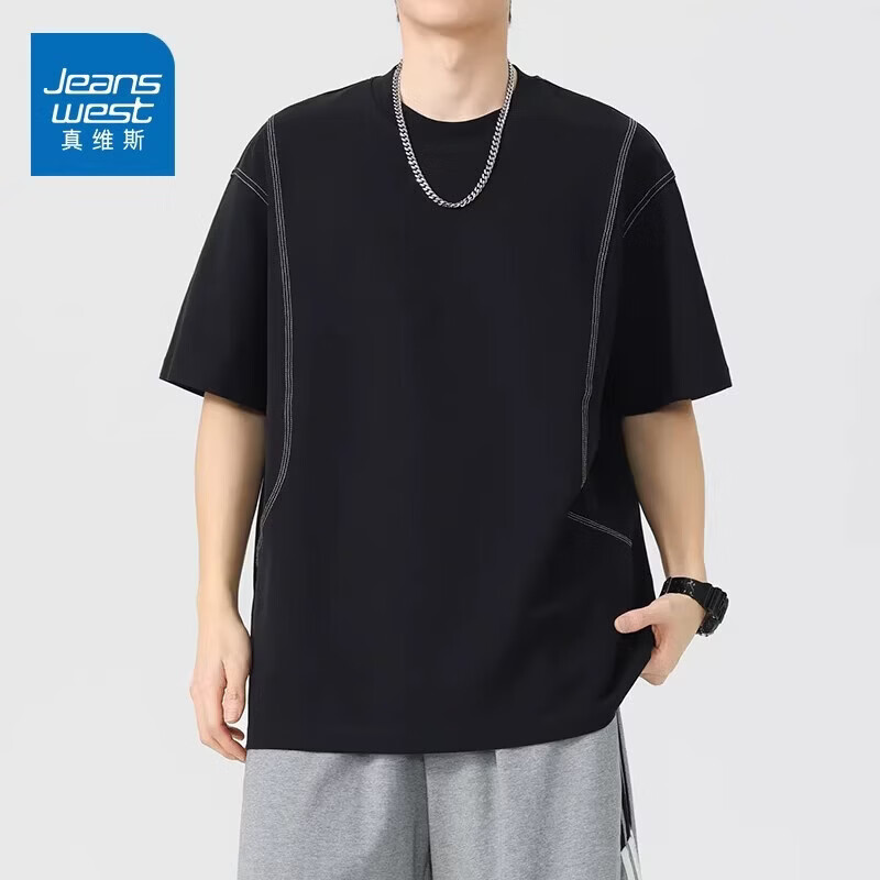 真维斯（Jeanswest）设计感解构拼接短袖T恤男夏季新款美式风宽松圆领透气上衣 黑色【柔软亲肤】 L 建议体重130-150斤