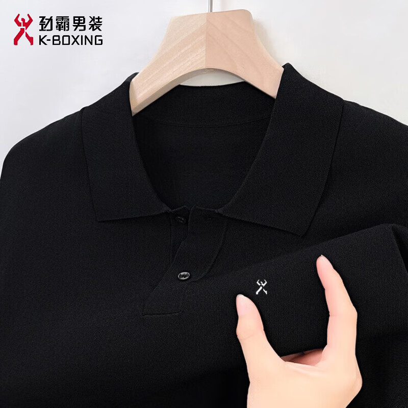 劲霸（JINBA）莱赛尔天丝翻领T恤羊毛短袖T恤男士2025夏季新款纯色针织polo衫 黑色 M 170