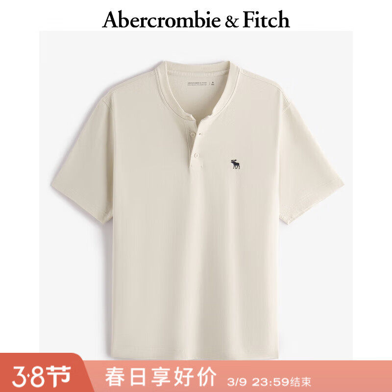Abercrombie &amp; Fitch经典小麋鹿图案男装25夏季美式重磅宽松亨利领短袖T恤 奶油色 M (180/100A)尺码偏大