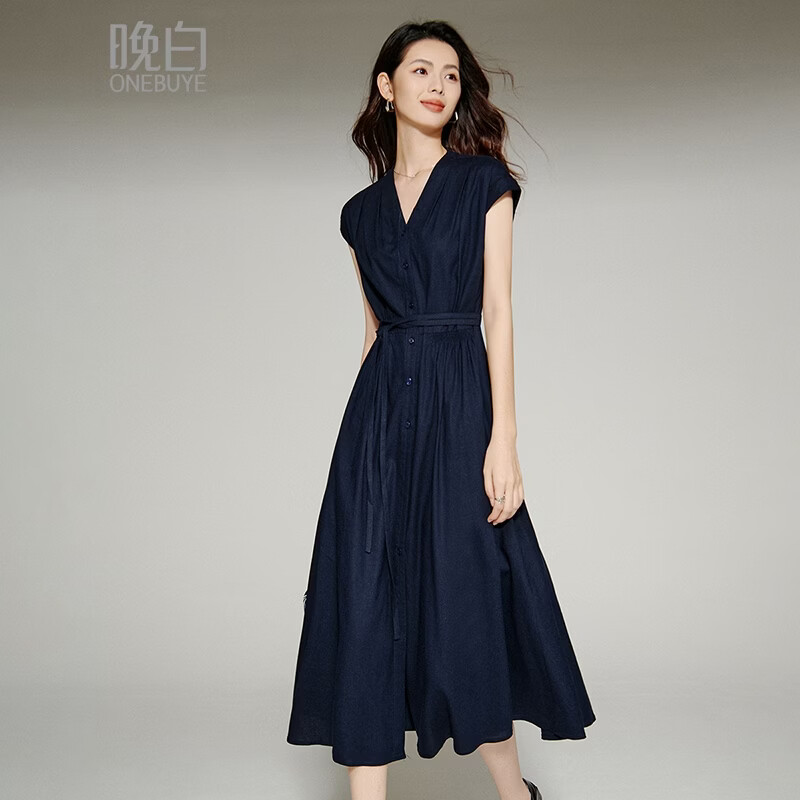 晚白【新品】2026年春夏款V领棉麻裙子系带收腰显瘦无袖连衣裙 深蓝色 S
