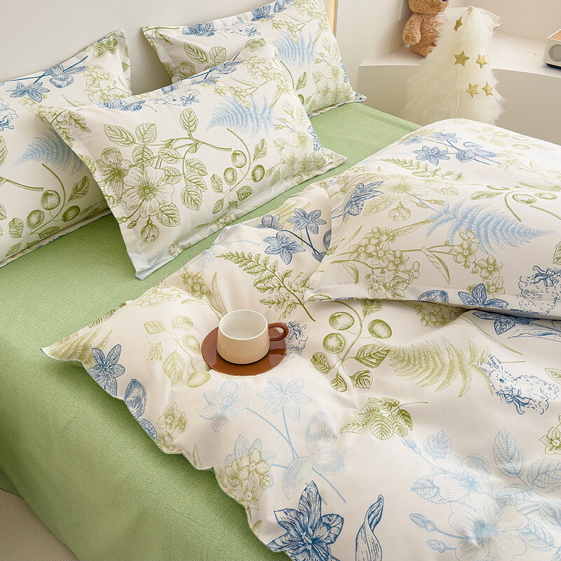 多兰诗（Duolanshi）春夏加厚磨毛四件套 ins四件套花卉田园风格床单被套四件套 鸟语花香M 2.0米 床单款 被套200*230 四件套