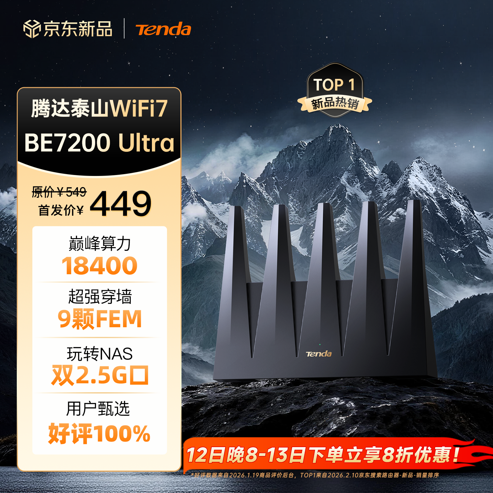 Tenda�ڴ�·����WiFi7��̩ɽBE7200 Ultra��ǧ�״�ǽ���źŷŴ�����ǿ���߼��õ羺��ʽBE12 Pro 272.08Ԫ