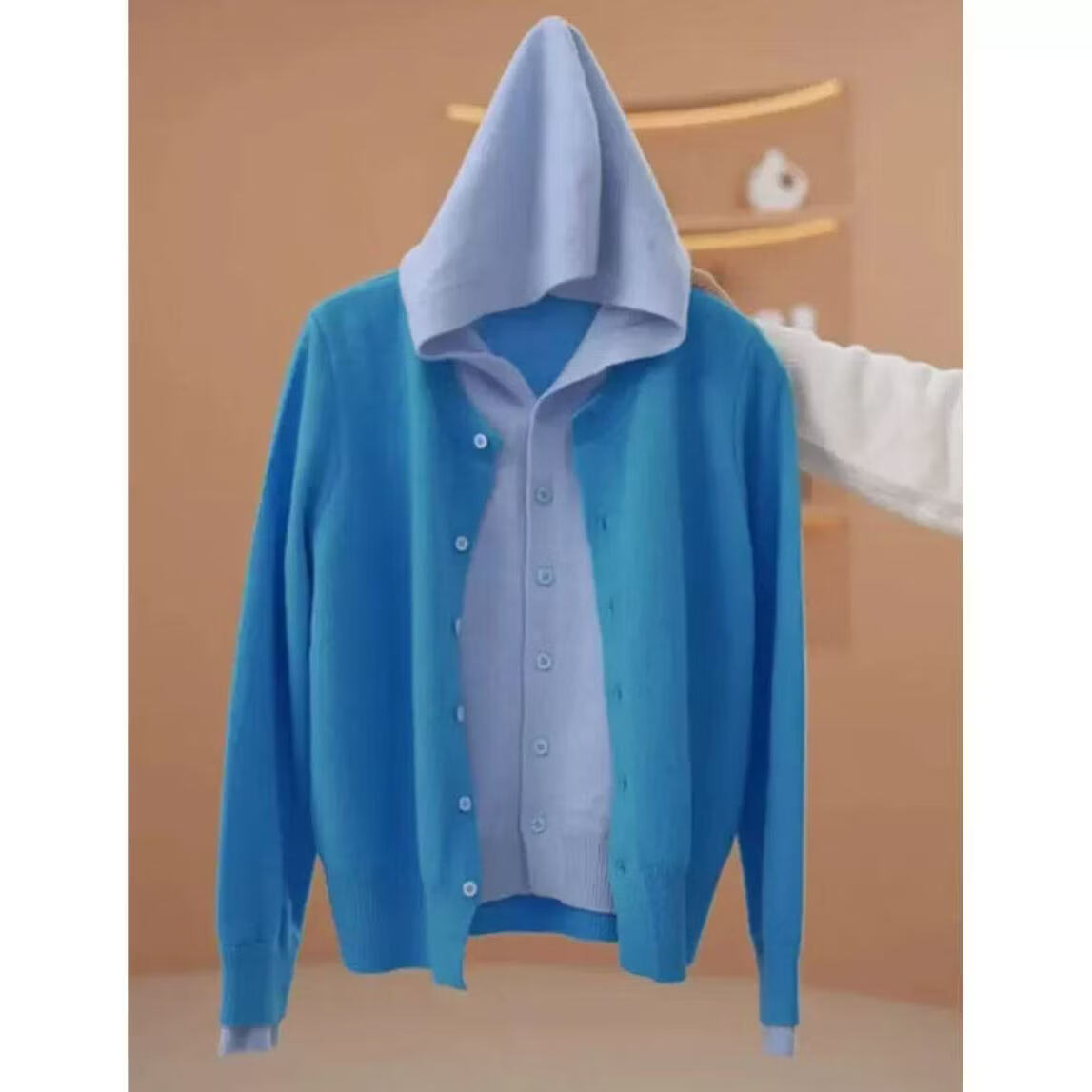 新款设计感连帽假两件针织衫女春季大码洋气毛衣开衫显瘦长袖上衣 蓝色 S 【建议75-95斤】