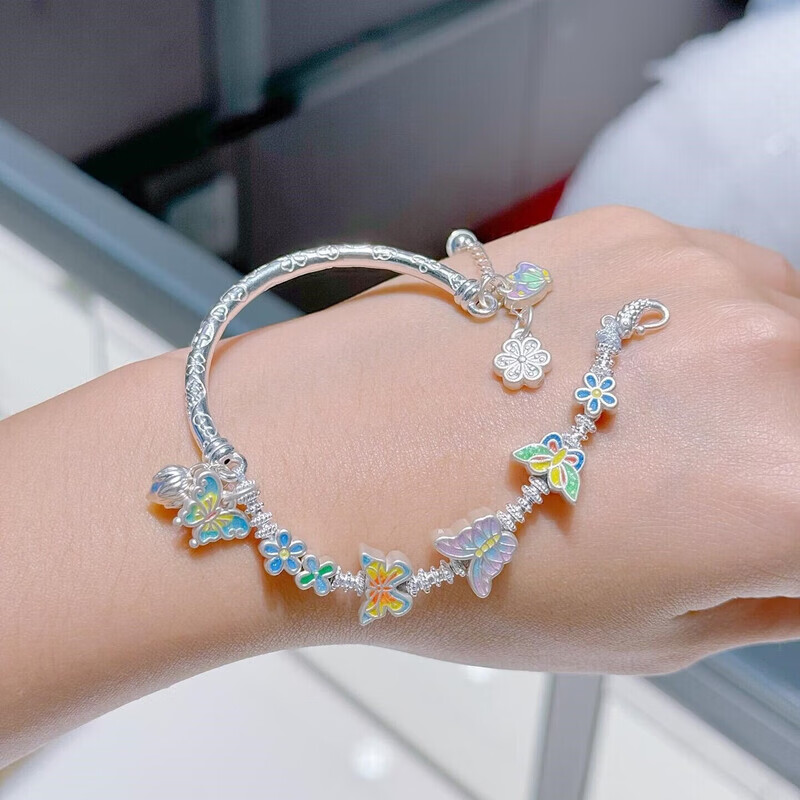 老凰祥足银s999珐琅彩蝴蝶半镯款手链女年轻款手饰送女友生日礼物 珐琅蝴蝶半镯款银手镯I证书礼盒