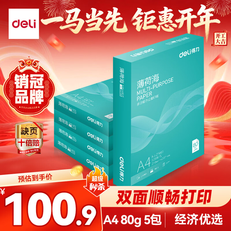 得力（deli）薄荷海A4打印纸 80g500张*5包一箱 加厚双面复印纸 高性价比草稿纸 整箱2500张【集采推荐】