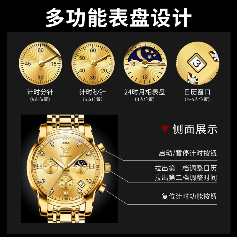 欧利时（OLEVS）瑞士认证十大品牌手表男士石英表多功能夜光防水潮流时尚男士手表 典藏版钢带全金2858免费刻字 终身质保