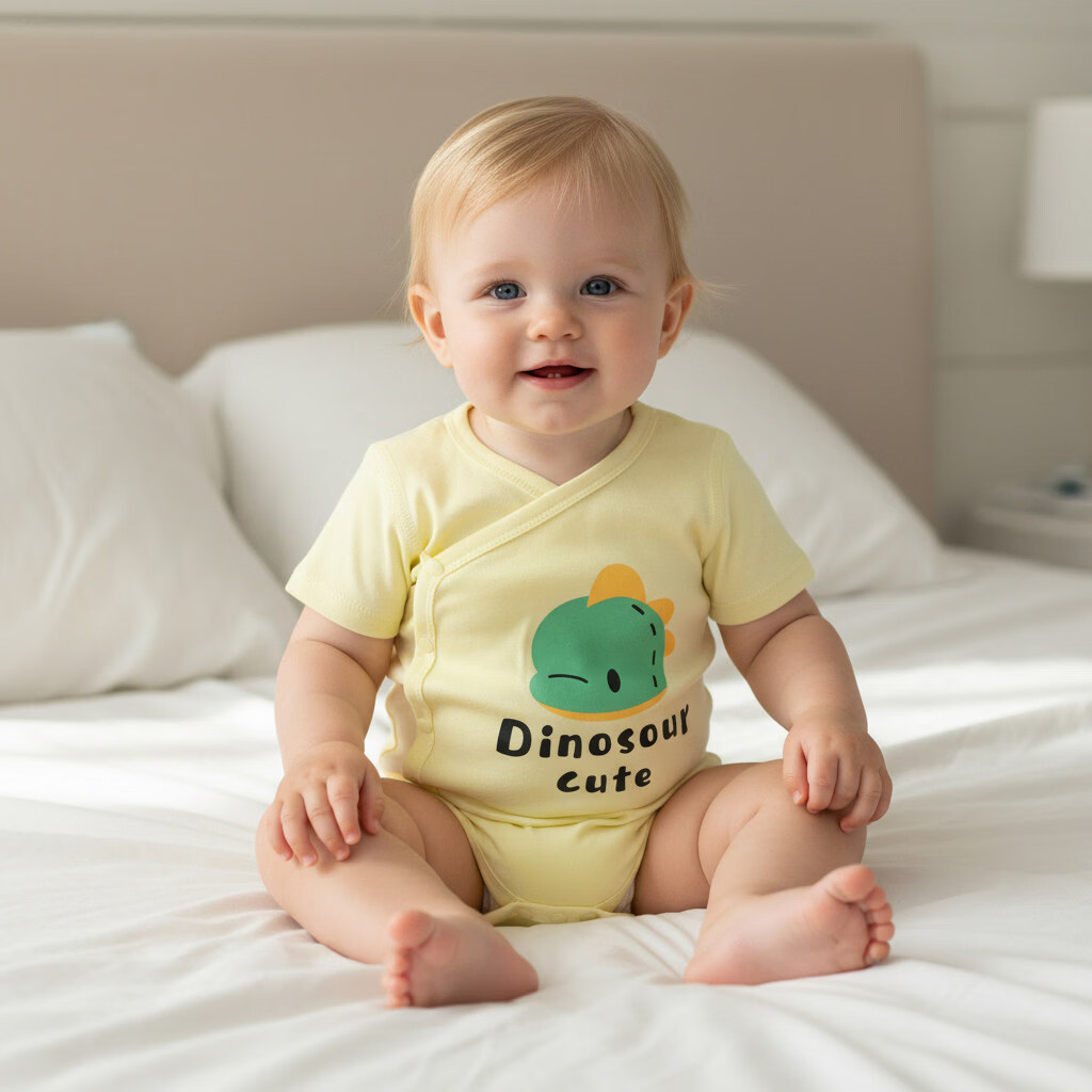 小猪大卫 PECODAVID夏新生婴儿A类纯棉包屁衣男女宝宝短袖对开哈衣爬爬服 可爱恐龙 90cm 修身版，按身高，拍大一码