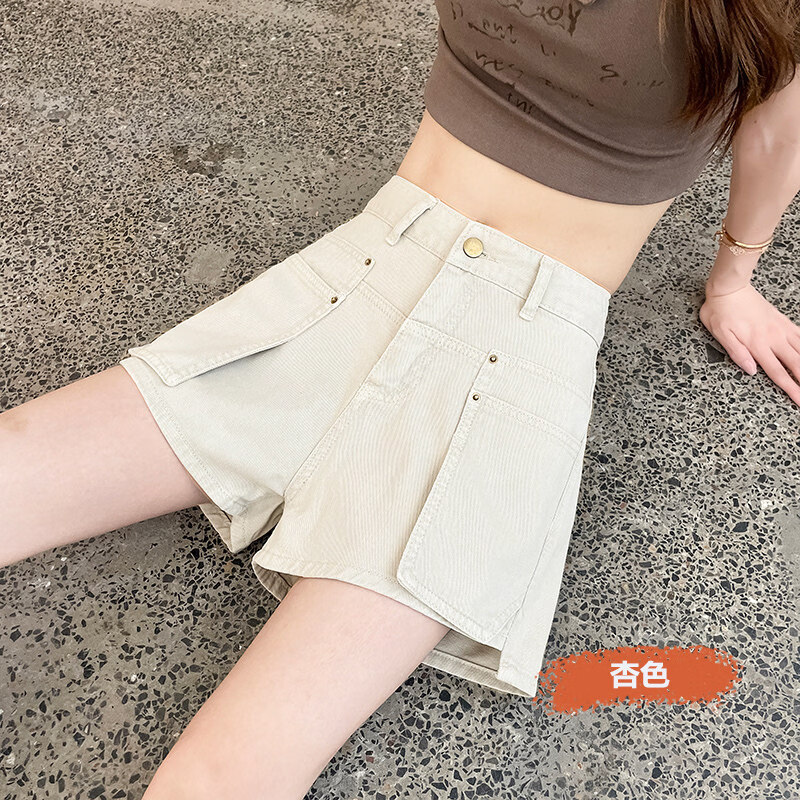 MODX白色牛仔短裤女夏季薄款2026新款高腰宽松设计感流行字辣妹热裤 杏色 S