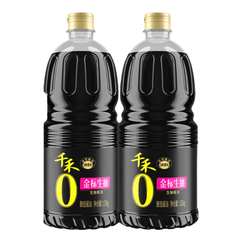 千禾0零添加酱油 金标生抽酿造酱油1.52kg零添加厨房家用炒菜凉拌调味 【性价比囤货装】金标生抽1.52kg*2瓶
