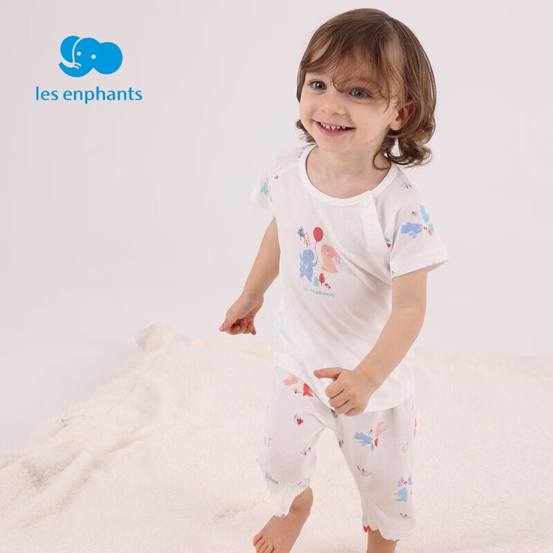 丽婴房（Les enphants）莫代尔儿童套装男童女童家居服短袖内衣睡衣夏季短袖套装 白底印花 110 CM/4岁