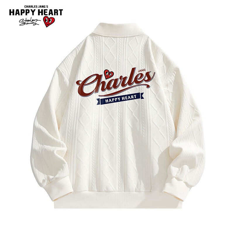 查尔斯桃心 情侣街头嘻哈宽松字母麻花纹理外套秋季男女同款 米白 2XL