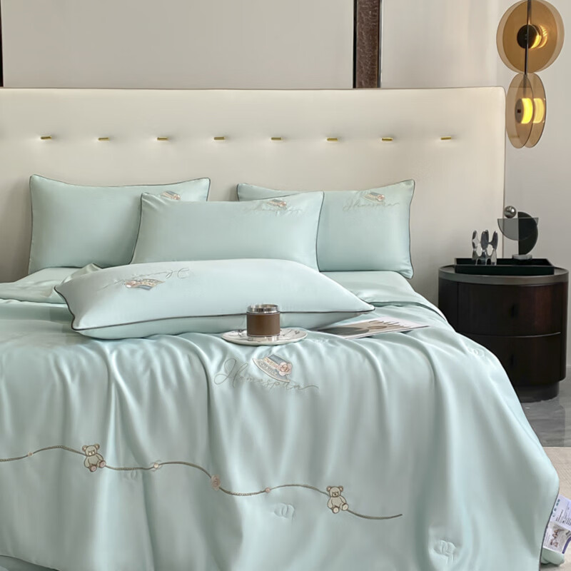 水星家纺夏凉被空调被水洗真丝夏被四件套夏季被子裸睡轻奢床单床笠 公主日记-白茶绿 床单款 夏被200*230cm++2枕套