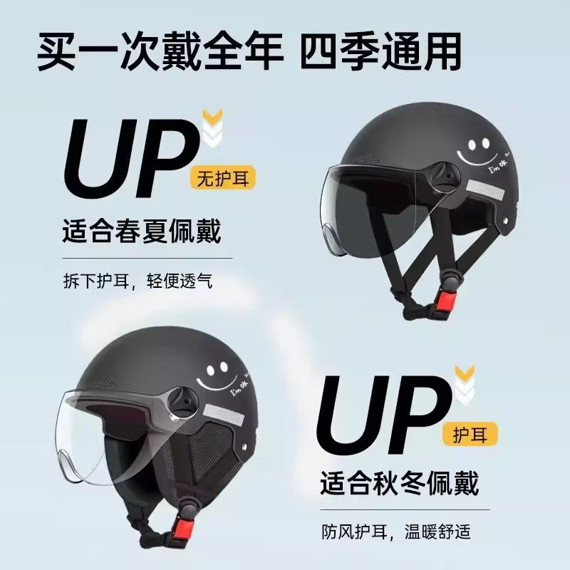 绿源(Luyuan)电动车头盔电瓶车3c认证摩托车头盔女男通用防晒夏季盔半盔安全帽 笑脸-卡其-高清短镜