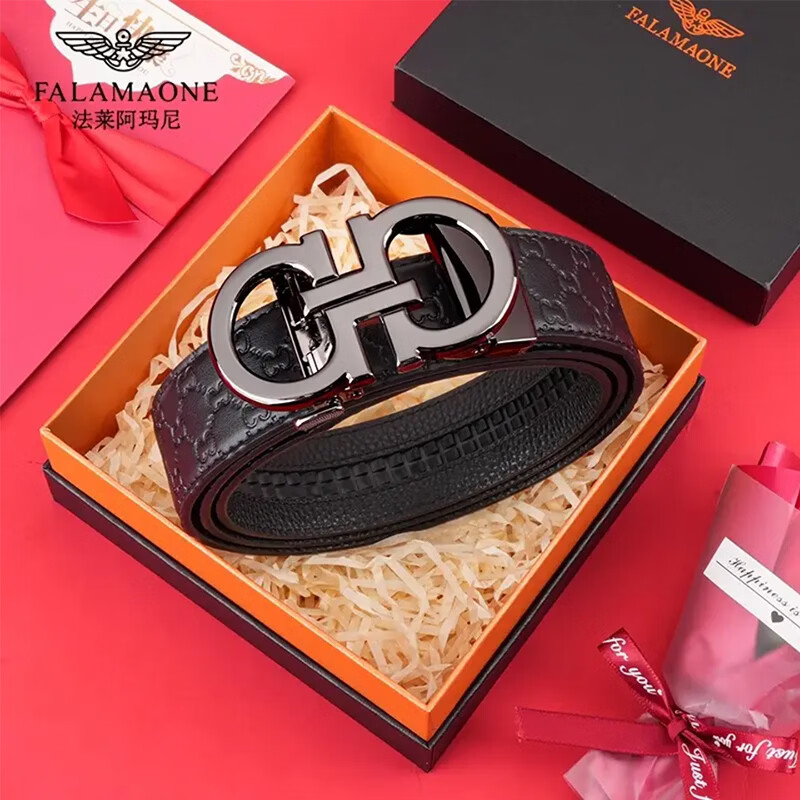 FALAMAONE法莱阿玛尼皮带男牛皮自动扣高档腰带新款真皮裤带生日礼物送男友 指定尺码/代写贺卡/刻字【专柜枪色】 105cm -140cm默认随机发货（可修剪）