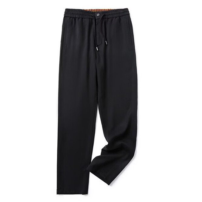 意式轻奢 亚麻天丝莱赛尔纤维春夏季男士透气简约通勤休闲裤 经典黑 2XL 建议170-185斤