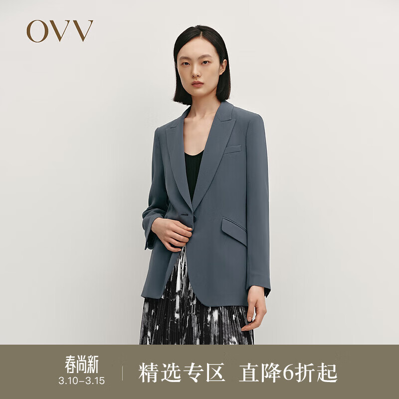 OVV秋冬热卖女装戗驳领一粒扣简约优雅休闲西服外套 雾霾蓝 M