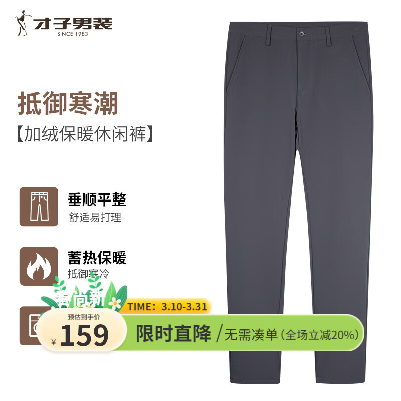 才子（TRIES）男士基础纯色商务休闲裤春秋加绒保暖直筒裤垂顺通勤男长裤 灰色 33 84cm