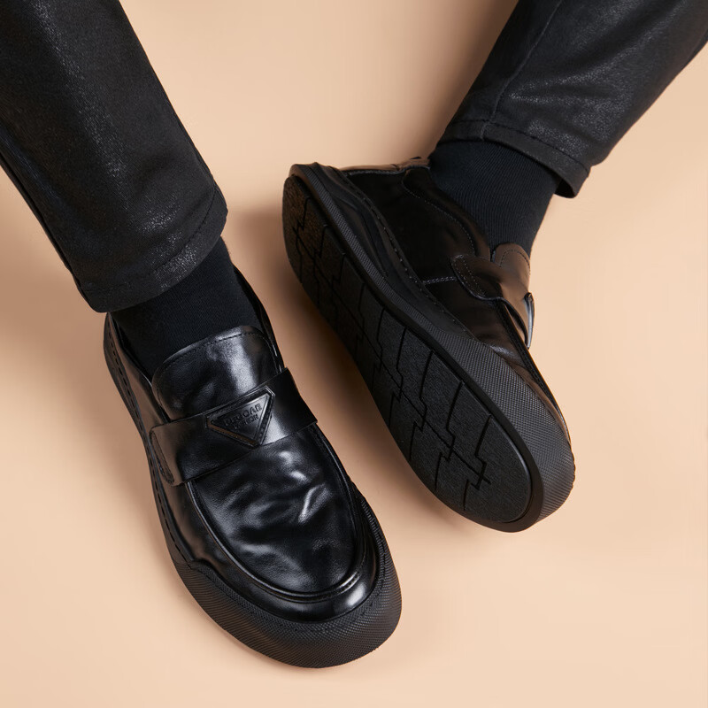 Walker Shop皮鞋男2026新款高端头层牛皮软底一脚套黑色真皮休闲皮鞋隐形增高 黑色【内增高】 42