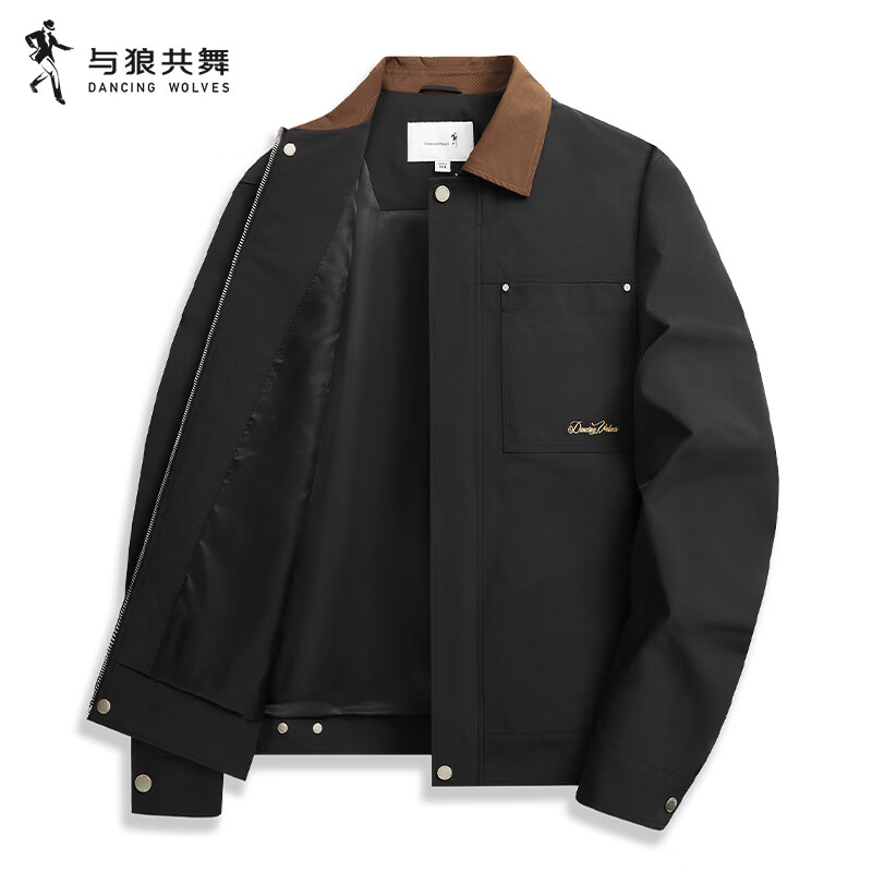 与狼共舞【巴恩风】翻领撞色工装夹克男装潮流复古休闲外套 001黑色   L