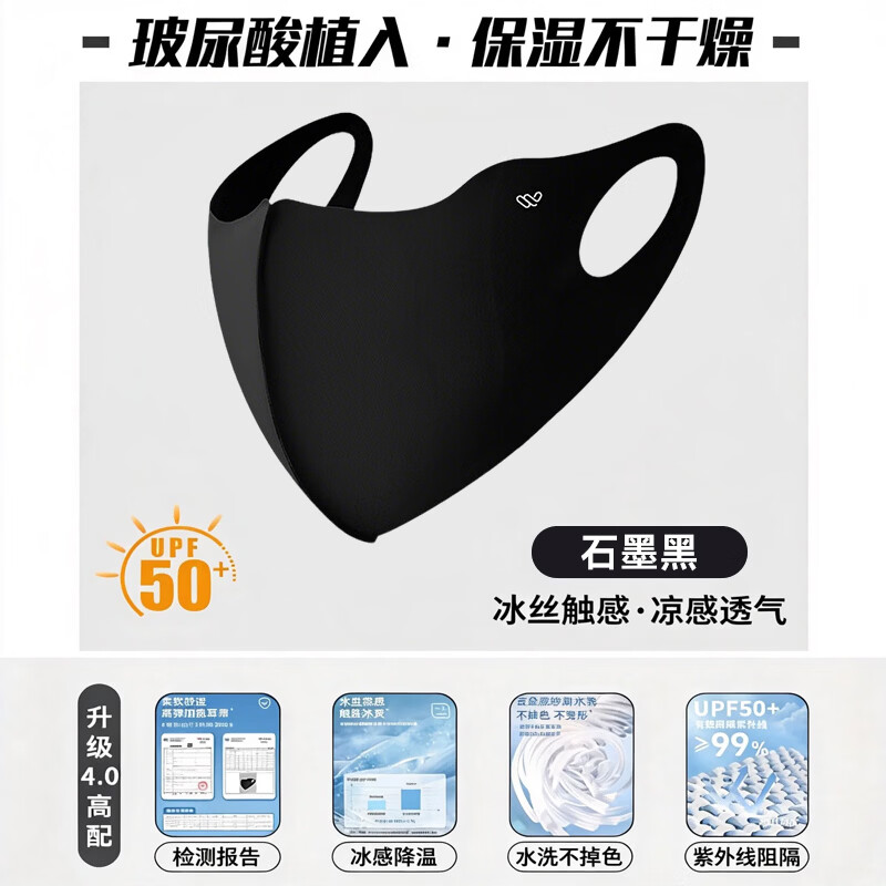 万宝绿防晒口罩防紫外线女高颜值2026新款3D立体夏季冰丝全脸遮阳面罩 石墨黑 UPF50+「3D立体显脸小」