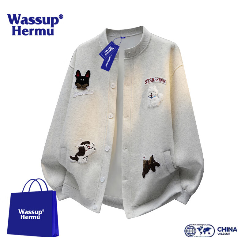 WASSUP HERMU官方开衫卫衣男春秋季美式趣味刺绣款宽松棒球服学生穿搭夹克外套 暮云灰 XL （推荐125-145斤）