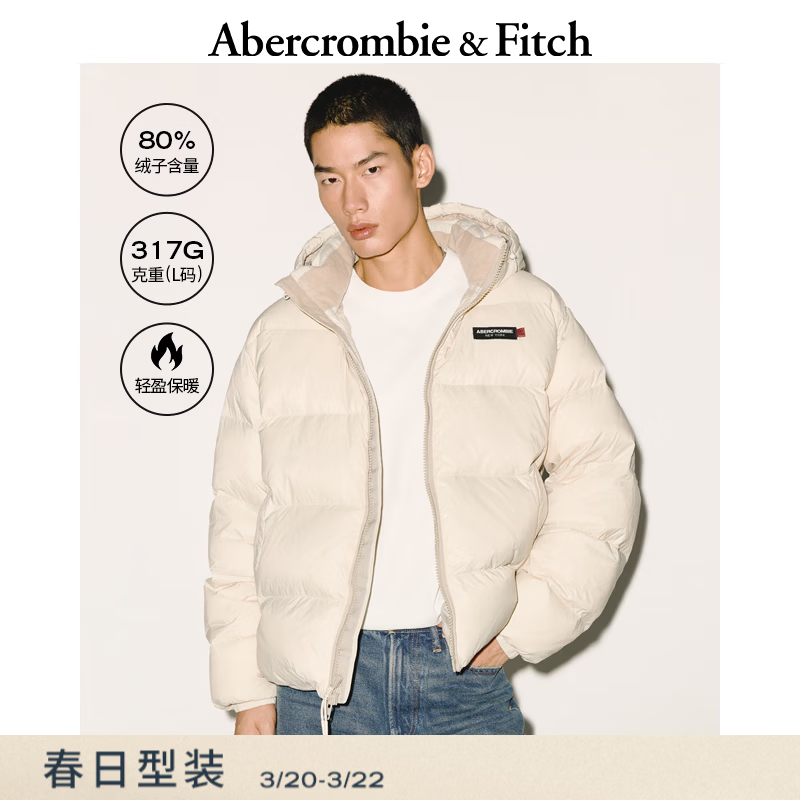 Abercrombie &amp; Fitch美式时尚双头拉链LOGO加厚连帽羽绒服外套25秋冬男装132-5205 米白色 S (175/92A)