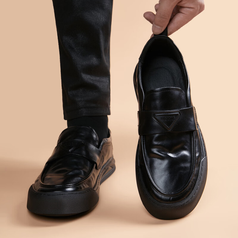 Walker Shop皮鞋男2026新款高端头层牛皮软底一脚套黑色真皮休闲皮鞋隐形增高 黑色【内增高】 42