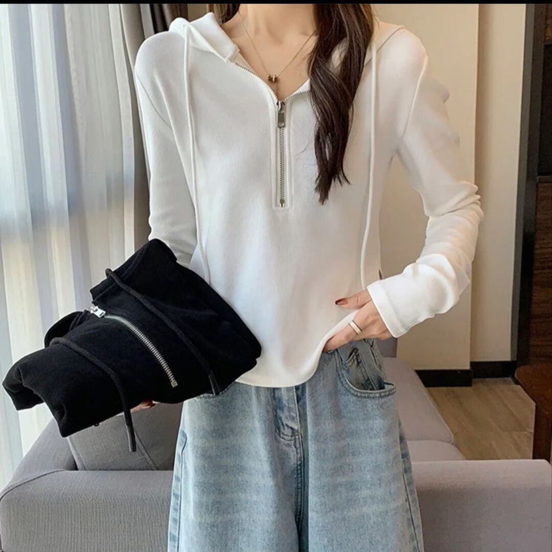 BURQAMARCH春秋卫衣女2026新款连帽长袖短款气质打底衫修身燕尾高腰女士上衣 白色 XL （建议105-130斤）