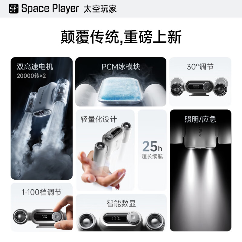 Space Player【2026首创·挂腰风扇】小风扇超强力新款USB长续航桌面挂脖风扇便携式随身风扇户外学生上课静音 【星云白】Max长续航版 9000mAh