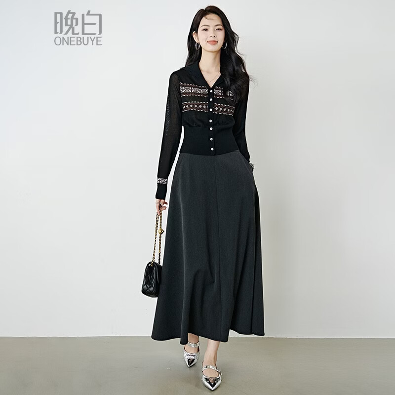 晚白2026年春款时尚复古提花费尔岛毛衣莱赛尔软糯亲肤针织开衫女 黑色 M