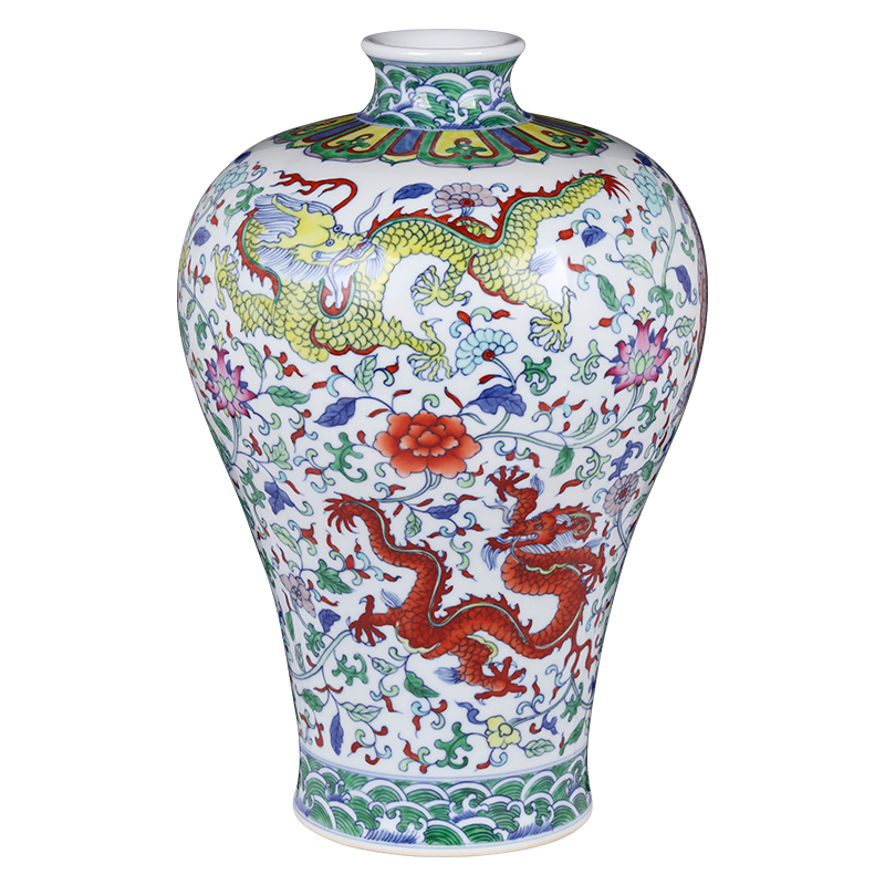 乾雅堂【景德鎮(zhèn)手工】陶瓷器花瓶仿清雍正青花斗彩龍紋梅瓶客廳家居擺件 青花斗彩龍紋梅瓶+錦盒證書+底座