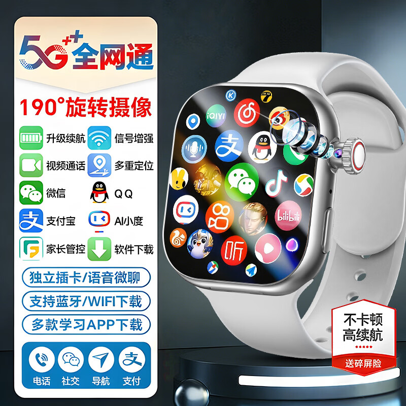 HAWGTMAX华为机适用电话手腕表5G全网通防水可插卡定位视频智能成人腕表 尊贵白【旋转摄像+超清护眼大屏+超长续航+精准定位】 京东折扣/优惠券