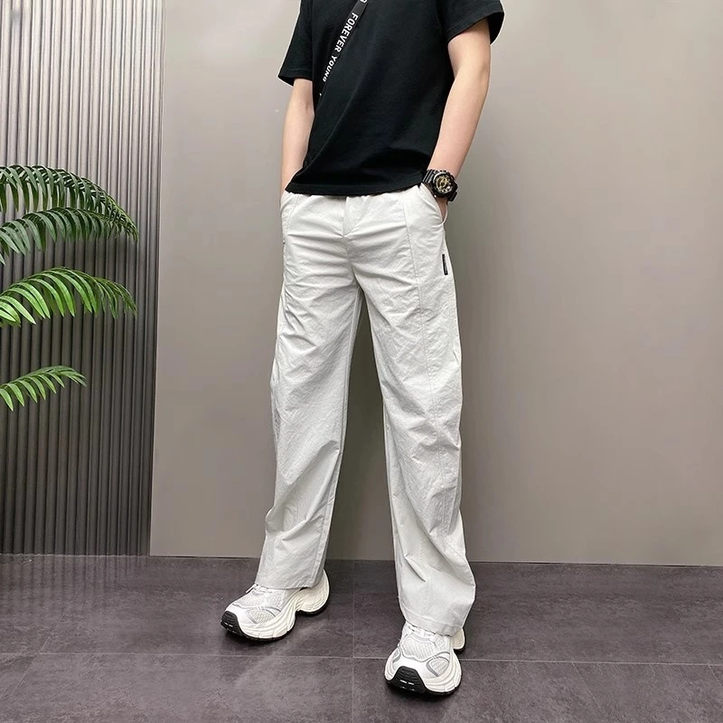 美式速干冰丝运动裤子男款宽松直筒2025夏季薄款休闲哈伦阔腿长裤 灰白 L 【建议125-140斤】