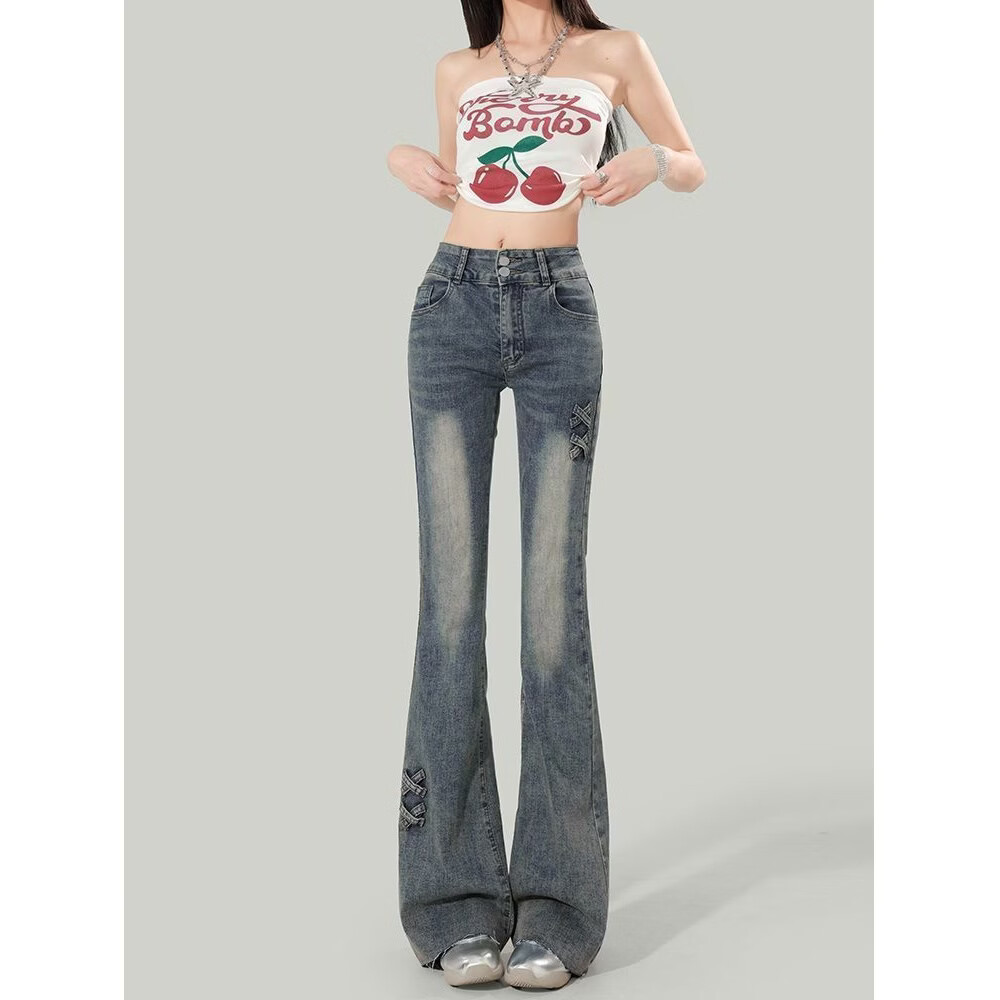 蝴蝶曼复古刺绣微喇牛仔裤女2026春夏季新款高腰弹力修身显瘦微喇裤子 蓝色 L 【105-115斤】