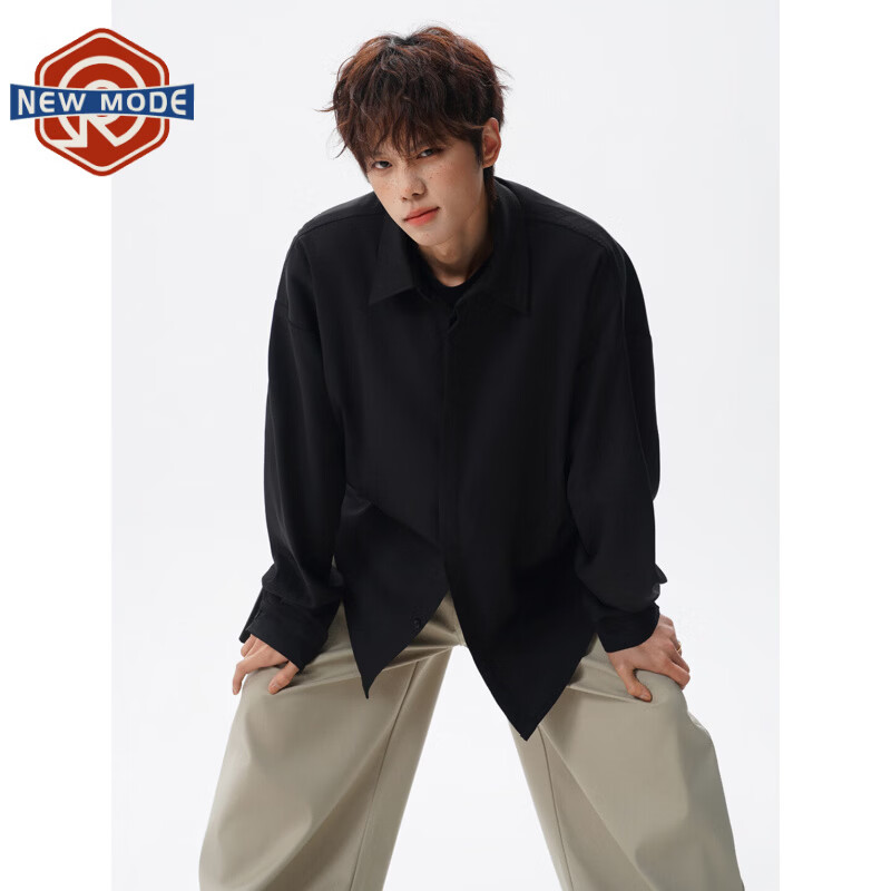 NEW OR MODE韩版垂感冰丝长袖衬衫男士夏季新款美式潮流痞帅宽松凉感衬衣外套 黑色【高品质】 M 【建议90-110斤】