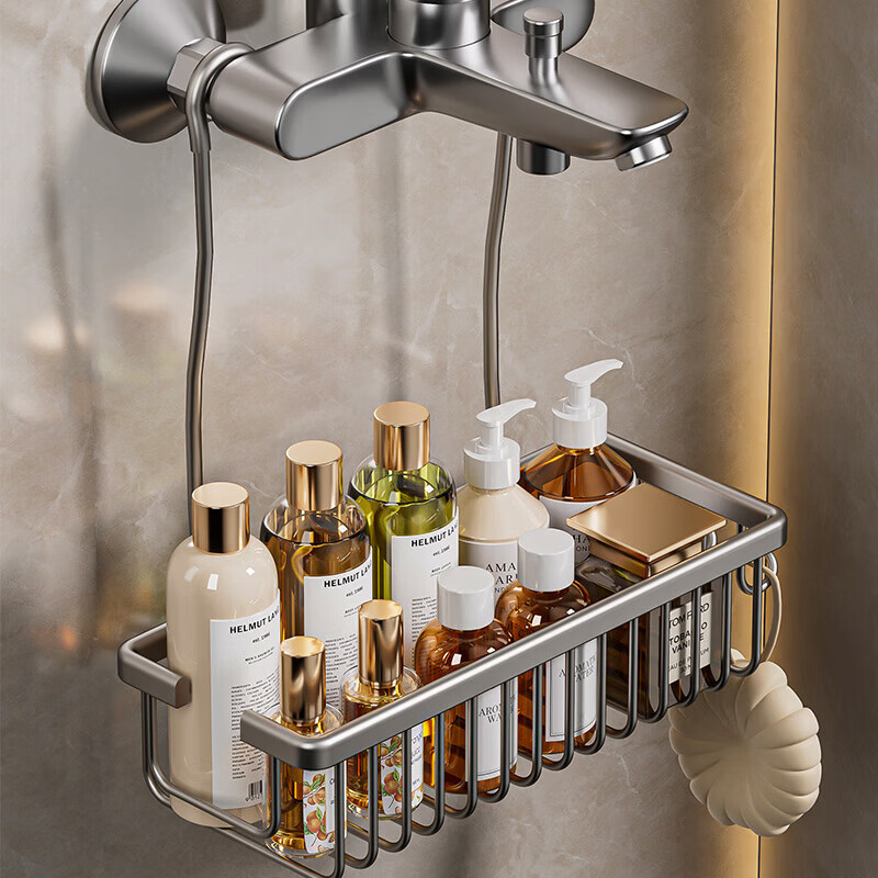 浴室置物架免打孔淋浴房卫生间花洒挂架洗发水沐浴露挂篮厕所收纳 太空铝加深挂篮黑色大号带钩