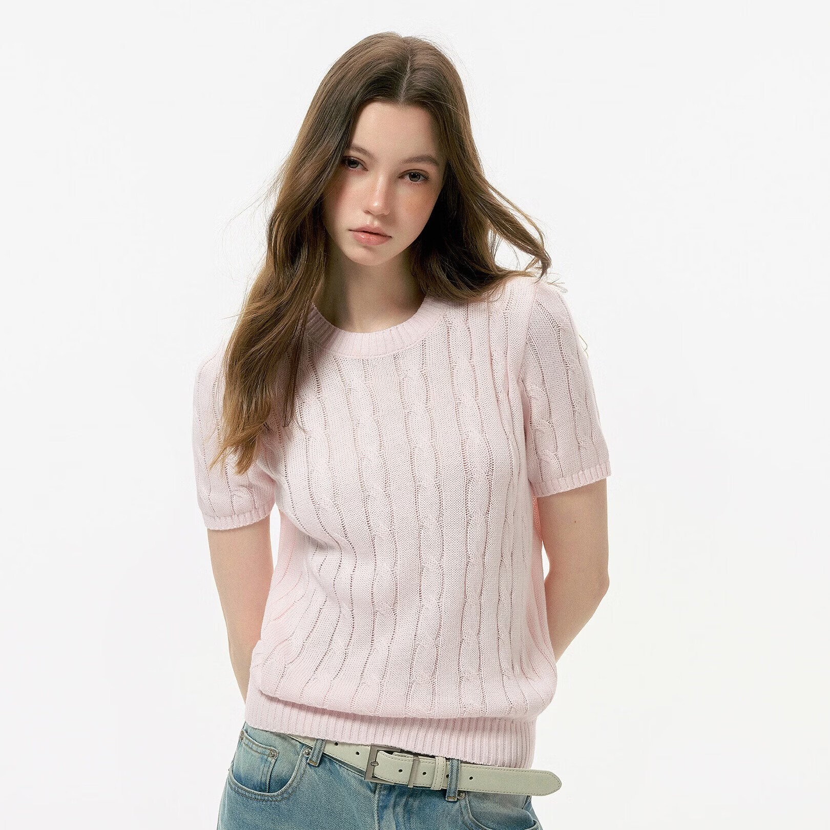 LADY IDEAL「智性老钱」圆领麻花针织短袖女夏薄纱T恤纯棉打底上衣春粉色 XL