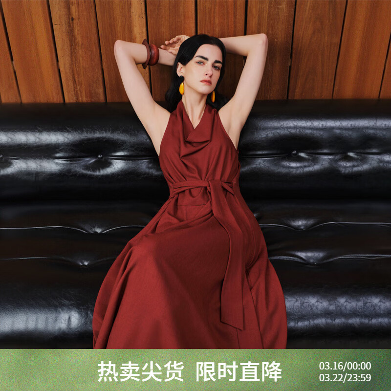 自巧小个子静奢风红色荡领收腰连衣裙女2026夏季新款气质掐腰长裙 石榴红 S （尺码：3）