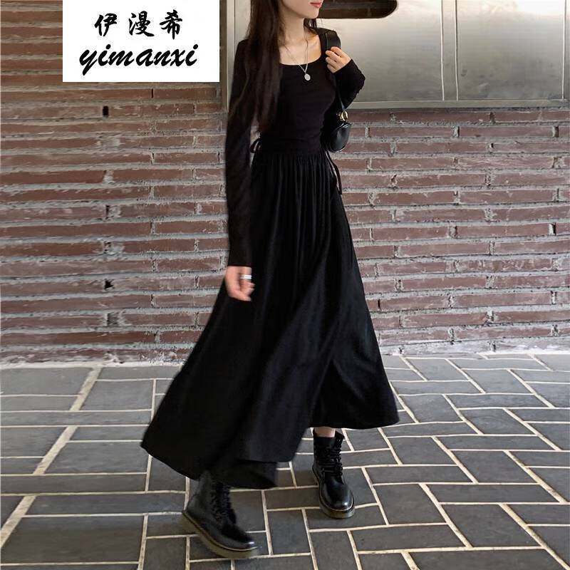 大方领气质长袖黑色长裙减龄温柔风甜美可甜可盐气质非凡炸街女神范